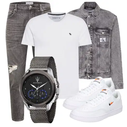 Weiß Casual T-Shirt Abercrombie & Fitch kombinieren mit Grau Jeansjacke Calvin Klein Jeans