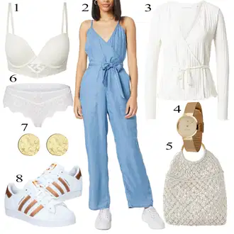 Šik Svatovski gost Outfit sa Svjetloplava/Plava Kombinezon i hlače s naramenicama/Ljetni Kombinezon/Elegantni Kombinezon/Traper Kombinezon About You "Ljetni outfiti"Look: Premium, cool, Sveučilišna, Šik, 90-ich, Mom, Za Kuću, Radna odjeća
