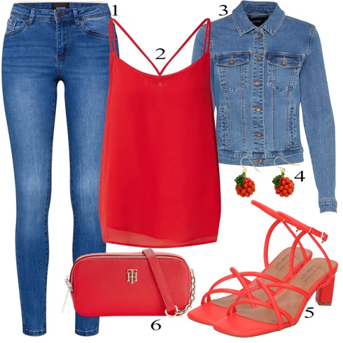 Svetlo modra Hlače kombinirajte z Svetlo modra/Modra Jeggings/Jeans Pajkice/Skinny Hlače VERO MODA, Only, Temno modra VERO MODA, Mango, Rdeča Sandali Call it Spring, Rdeča Torbe za čez ramo Tommy Hilfiger