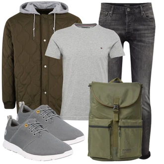 Elegant Outfit mit Grau/Hellgrau/Dunkelgrau Lederjacke/Slim Fit Jeans/Low Rise Jean/Low Waist Jean/Leder Schuhe/Biker Jeans/Jeans mit Schlitz/Winterjacke/Knöchelstiefel/Push up Jeans/Damen 7/8-Länge Jeans/Cropped Jeans Jack & Jones "Perfekt für den Frühling"Look: Uni, Lack, Old Money, Coole, Schön, Elegant