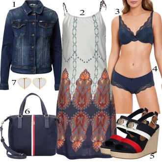 Vysoké Podpatky Outfit s Červená/Béžová/Tmavě modrá Espadrilka s klínovým podpatkem/Sandál na klínku/Espadrille sandál/Letní Bota/Bota Na Klínku Tommy Hilfiger "Letní Outfit"