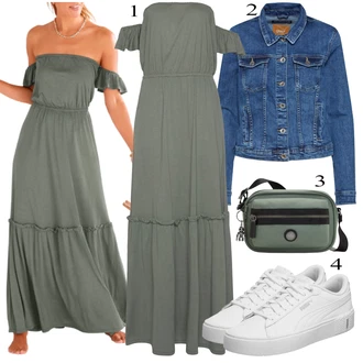 Dlouhé Outfit s Tmavě zelená/Světle zelená/Zelená Šaty Carmen/Společenské šaty pro hosta/Šaty S Odhalenými Rameny/Maxi Šaty/Dlouhé Letní Šaty Lascana "Letní Outfit"