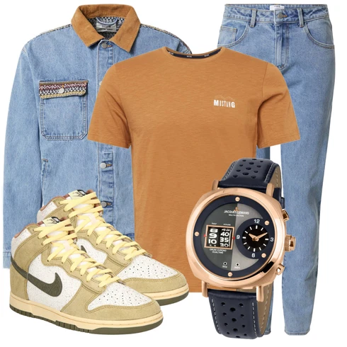 Braun/Gelb Casual T-Shirt Mustang kombinieren mit Blau/Hellblau Jeansjacke/Trachtenstrickjacke/Vintage Jacke about you x alvaro soler