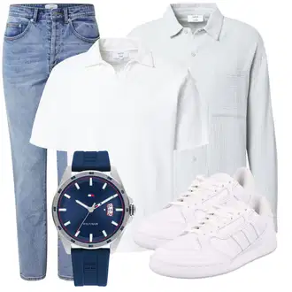 Outfit mit HellBlau/Grau/Blau/Weiß Business Hemd/Musselin Hemd/Hemdbluse/Casual Hemd/Strickshirt DAN FOX APPAREL "Praktischer Look"