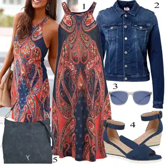 za srednje godine Outfit sa Plava/Crvena Briddle Haljina/francuska haljina/Barock Haljina/Haljina S Printom Lascana "Ljetni outfiti"Look: Western, Hippie, Boho, Etno, za srednje godine, Traditional, Ekstravagantno