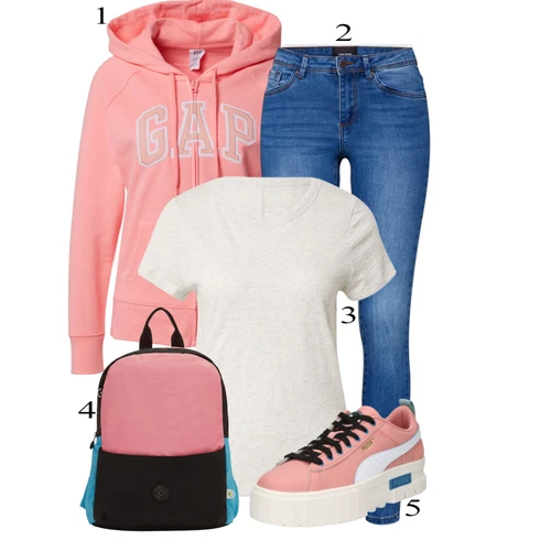 Svetlo modra Hlače kombinirajte z Roza Športne Jakne GAP, Svetlo modra/Modra Jeggings/Jeans Pajkice/Skinny Hlače VERO MODA, Pastelne barve/Krem GAP, Črna Touring backpacks Kipling, Puma
