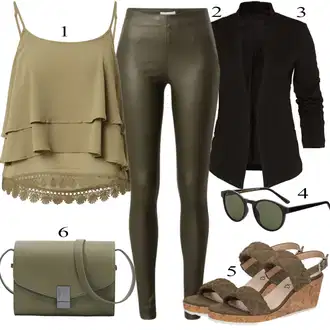 Lesk Outfit s Tmavě zelená/Khaki Kalhoty z Umělé Kůže/Legíny Vinylový Legín/Latexové Legíny/Legíny Kožený Vzhled/Kožený Legíny Object "Letní Outfit"
