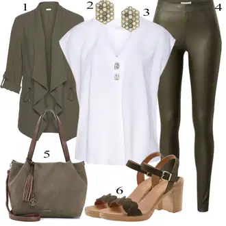Stil, Western Outfit sa Bijela/Krem Bluza Kratkih Rukava/Tunika Majica/Klasična tunika/Kožna jakna za muškarce/Bluza s gumbom/Bluza bez rukava Lascana "Ljetni outfiti"Look: Lagano, Stil, Ured, Transparentan, Pomorski, Elegantan