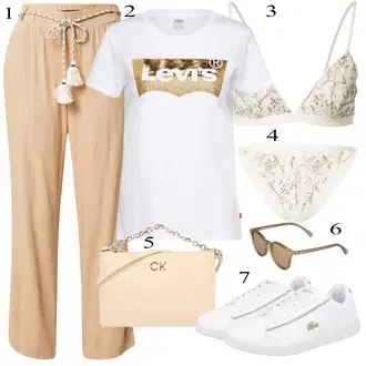 Outfit sa Bež/Smeđa/Kaki Hlače od muslina/Hlača za Plažu/Tradicionalna Hlača/Pidžama Hlača/Lanene Hlače/Ležerna Hlača/Paperbag Hlača/Jersey Hlača/Harem Hlača/Salonska Hlača/Hlača s Perjem VERO MODA "Ljetni outfiti"