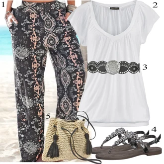 Outfit s Modrá/Béžová/Hnědá/Bílá Kalhoty s Potiskem/Harémová Kalhoty/Palazzo Kalhoty/Plážová Kalhoty Lascana "Ležérní Outfits"