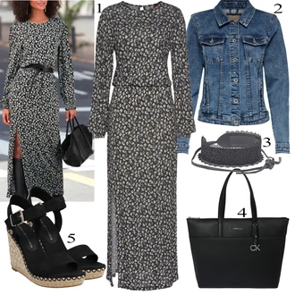 Leopardí Výstřih na ramena Outfit s Šedá/Hnědá/Bílá/Tmavě šedá Šaty Niki/Šaty na Podzim/Občanské šaty/Zimní šaty s dlouhým rukávem/Košilové šaty/Šaty s Rozparkem/Šaty S Potiskem/Šaty s dlouhým rukávem/Maxi Šaty/Dlouhé pletené šaty Lascana "Jarní Outfit"