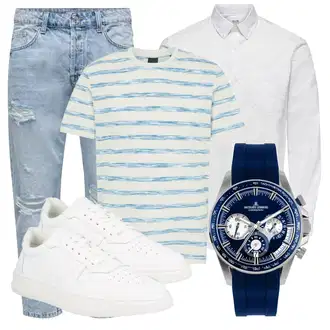 Sommer Outfits mit Grau/Weiß/Creme Business Hemd/Businesshemd/Musselin Hemd/Bügelfreies Hemd/Casual Hemd/Hemdbluse Only & Sons "Street Style Outfit"