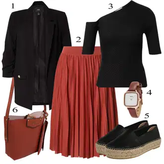 Outfit s Červená/Tmavě červená/Oranžová/Hnědá 50tého Léta Sukně/60tého Léta Sukně/Sukně do Délky Lýtka/Křesťanská Sukně/Sukně Pro Vysokou Školu/Mačkaná Sukně/Italská Sukně/Midi Sukně/Moderní Sukně/Krátká plisovaná sukně About You "Ležérní Outfits"