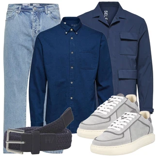 Outfit mit HellBlau/Blau Dad Jeans/Mom Jean/Vintage Jeans/Baggy Jeans/Loose fit Jeans/Formelles Hemd/Wide Leg Jean/Cropped Jeans SELECTED HOMME "Toller Look für den Frühling"