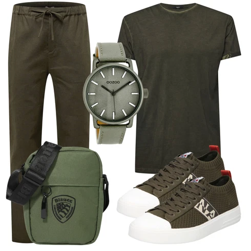Sommer Khaki/Dunkelgrün Musselin Hose/Paperbag Hose/Twill Hose/Lederimitathose about you x alvaro soler kombinieren