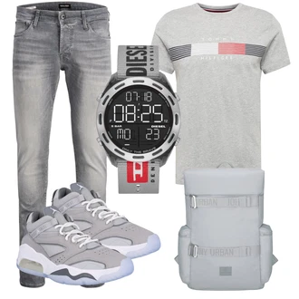 Outfit mit Grau/Hellgrau/Dunkelgrau Biker Jeans/Slim Fit Jeans/Lederjacke/Low Rise Jean/Leder Schuhe/Herren Lederjacke/Jeans mit Schlitz/Low Waist Jean/Winterjacke Jack & Jones "Alltagsoutfit"