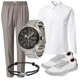 Outfit mit Grau/Braun/Beige/Lila Musselin Hose/Business Hose/Bundfaltenhose/Bundfaltenhose/Bügelfaltenhose/Schlupfhose/Karierte Hose/Anzughose/Gerade Hose/Tweed Hose/Stoffhose trapp "Casual Business Outfit"