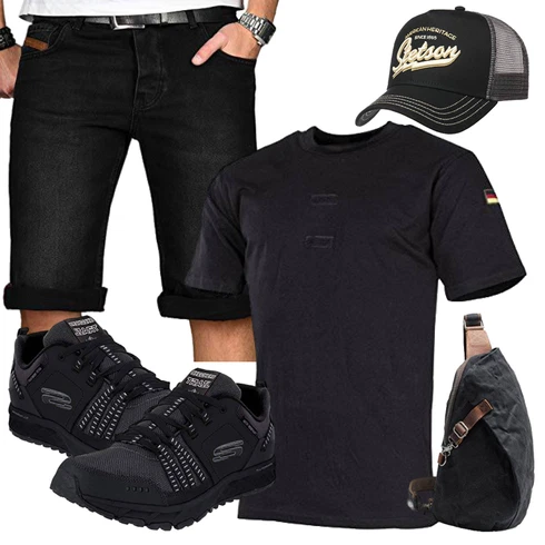 Schwarz/Dunkelgrau Hemd Jeans Short/Bermuda/Kurze Hose Alessandro Salvarini kombinieren