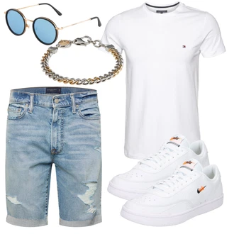 90er Skate Outfit mit Weiß/Blau/Creme Leder Sneaker/Sneaker Low/Skateschuh/Schmaler Sneaker/Vintage Sneaker Nike Sportswear "Cool für die Freizeit"Look: Vintage, Uni, Esthetische, Classic, Lack, Retro, Smart Casual, Sportlich, Streetwear, Unisex, 90er, Extravagante, Hip Hop, Skater, Skate