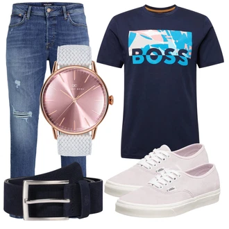 Outfit mit Blau/Dunkelblau Jeans mit Loch/Lederjacken/Jeans mit Schlitz/Boyfriend Jean/Knöchelstiefel/Cropped Jeans/Damen 7/8-Länge Jeans/Girlfriend Jeans Jack & Jones "Cool für die Freizeit"