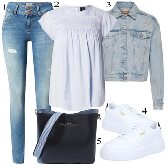 Italský Maxi Outfit s Světle modrá/Modrá Džín s Nízkým Pasem/Push up Džín/Džíny s Dírou/Kotníková Bota/Kožená bunda/Džíny s Rozparkem/Kožené bundy/Džíny s Nízkým Sedem/Slim Fit Džíny LTB "Outfit na léto"Look: Styl, Cool, Italský, Mom, Krásný