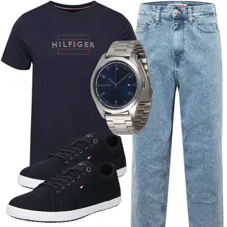 Outfit mit Dunkelblau/Braun Bluse Große Größe/T-Shirt & Top/Shirt & Top Große Größe/Kurzarm T-Shirt/Shirt/Funktions T-Shirt/Ausgefallenes T-shirt/Print Shirt/T-Shirt Training/Umstands T-Shirt/Casual T-Shirt/T-Shirt Spruch Tommy Hilfiger "Freizeit Outfit"