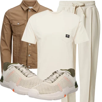 Elegant Outfit mit Beige/Khaki Paperbag Hose/Musselin Hose/BundfaltenHose/StoffHose/BundfaltenHose/JerseyHose/FreizeitHose/SchlupfHose/KarottenHose/BügelfaltenHose about you x kevin trapp "Lässiger Freizeit Look"Look: Rap, Uni, 20er Jahre, Elegant, Outdoor