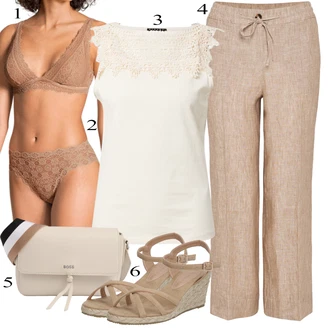 Outfit s Béžová Kalhotky Calida, Růžová/Zlatý/Béžová Push-Up Podprsenka/Průsvitná podprsenka a podprsenka s kosticí/Kožené bundy pro muže/Bralette/Podprsenka s výstřihem push-up/Podprsenka s kosticemi/Podprsenka Bez Kostic/Prsatější střih podprsenky/Krajkový set spodního prádla/Měkká podprsenka/Sada kalhotek podprsenky/Krajková podprsenka/Tělo bez kostic Calida "Letní Outfit"