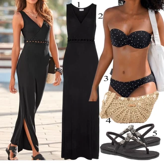 Outfit s Černá/Modrá/Oranžová/Tmavě modrá Plavky Bandeau vršek bikin/Bandeau Bikin/Balconette-bikini/Plavky bandeau/Push-up vršek bikin/Balconette Lascana, Černá/Tmavě šedá Dlouhé Plavky/Plavecký šortky/Bikiny - Spodní Díl/Micro Bikini/Bikinový kraťas/Bikiny kalhotky Lascana "Outfit na léto"