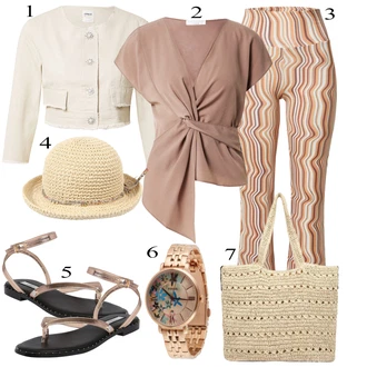 Outfit s Oranžová/Béžová/Hnědá Zvonová Kalhoty/Rozšířená Kalhoty/Kalhoty s Potiskem/Slinky Kalhoty/Kalhoty s Peřím/Rozšířené legíny/Kalhoty se Štěrbinou/Kalhoty Bootcut about you x sofia tsakiridou "Letní Outfit"