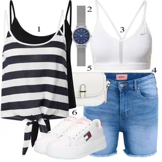 Outfit s Modrá/Bílá/Tyrkysový/Světle Modrá Košile Džínový Šortky Only "Letní Outfit"