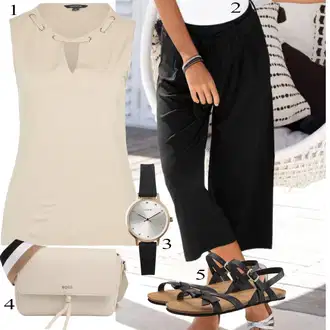 20 léta Outfit s Černá/Šedá/Tmavě šedá Slinky Kalhoty/Fleecová Kalhoty/Domácí Kalhoty/Plyšová Kalhoty/Žerzejová Kalhoty Lascana "Perfektní na léto"Look: 20 léta, 30 léta, Klasické, Layered, Krásný, Old Money, Příliš oblečený, Bezešvé