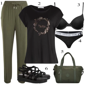 Outfit s Tmavě zelená/Khaki Plážová Kalhoty/Dlouhá Kalhoty/Tréninková Kalhoty/Ležérní Kalhoty/Jogger Kalhoty/Sportovní kalhoty/Látková Kalhoty/Mušelínové kalhoty/Relaxační kalhoty/Žerzejová Kalhoty/Navlékací Kalhoty About You "Outfit na léto"
