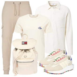 Sommer Outfits mit Weiß/Grau Casual Hemd DAN FOX APPAREL, Weiß Hemd Armedangels, Weiß Rucksack Tommy Jeans "Praktischer Look"