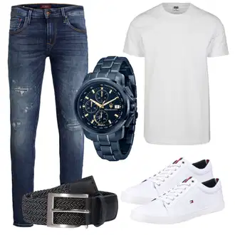 Outfit mit Weiß/Creme Sneaker Low/Schmaler Sneaker/Leder Sneaker/Sommer Sneaker/Canvas-Sneaker/Freizeitschuh/Skateschuh/Sneaker Mit Seitlichem Reißverschluss Tommy Hilfiger "Praktischer Look"