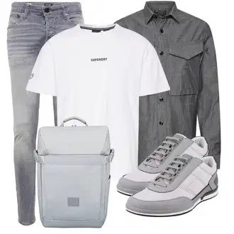 Outfit mit Grau/HellGrau/DunkelGrau Biker Jeans/Slim Fit Jeans/Lederjacke/Low Rise Jean/Leder Schuhe/Herren Lederjacke/Jeans mit Schlitz/Low Waist Jean/Winterjacke Jack & Jones "Praktischer Look"