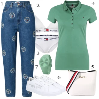Outfity na festival Dlouhé / Maxi s Tyrkysový/Modrá Slim Fit Džíny/Dlouhá tylová sukně/Dlouhé Šaty/Dlouhý Zimní Kabát/Zvonové Džíny/Dlouhé Kardigany/Dětská hračka/Dlouhá Halenka/Kalhotky Tommy Jeans "Hezký letní vzhled"