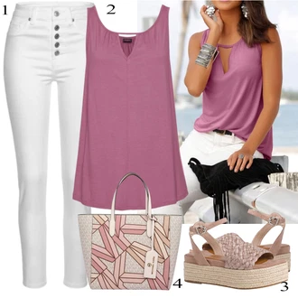 Unisex Outfit s Šedá/Bílá/Stříbrný/Krémová Kožená bunda/Džíny s Rozparkem/Kožené Boty/Termální Džíny/Sweat Džíny/Džíny s Nízkým Sedem/Džín s Nízkým Pasem/Dámské Džíny s Délkou 7/8/Push up Džín/Navlékací džíny/Slim Fit Džíny Buffalo "Pestrý letní outfit"Look: Styl, Klasické, Cool, Venkovní, Bezešvé, Skromné, S průsvitem, Unisex