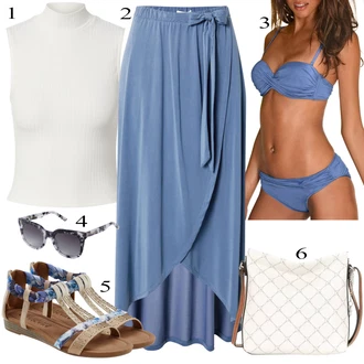 Outfit s Modrá/Tmavě modrá/Světle modrá Bikiny s volánky/Bikina - Horní Díl Bandeau vršek bikin/Zavinovací bikini/Brazilské bikini/Bandeau Bikin/Push-up bikini/Džínový Bikini Lascana "Letní Outfit"