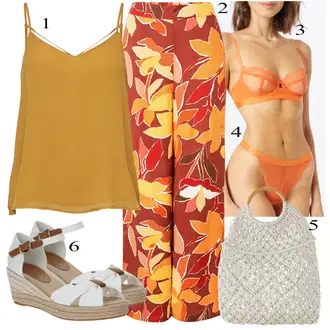 Outfit s Oranžová/Hnědá/Červená/Béžová Plážová Kalhoty/Palazzo Kalhoty/Mušelínové kalhoty/Kalhoty se Štěrbinou/Široká Kalhoty/Kalhoty s Potiskem/Kalhoty s Peřím Only "Letní Outfit"