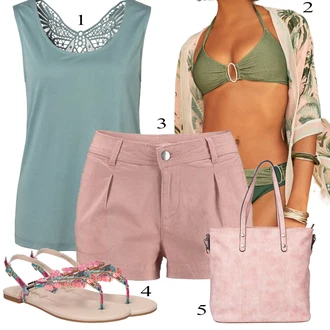 Chytrý příležitostný Outfit s Růžová/Béžová/Fialová/Hnědá Košile Bermuda/Chino Kraťasy/Lněný kraťas/Mušelínové Šortky/Šortky Lascana "Outfit na léto"Look: Italský, Krásný, Preppy, Chytrý příležitostný
