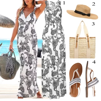 Outfit s Bílá/Béžová Šaty S Potiskem/Dlouhé Letní Šaty/Maxi Šaty/Rock'n rollové šaty Lascana "Letní Outfit"