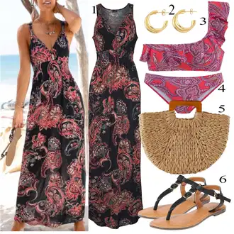 sviatočné Outfit sa Crvena/Žuta/Smeđa/Tamnocrvena Maksi Haljina/Duga Ljetna Haljina/Haljina S Printom/Duga Haljina Lascana "Ljetni outfiti"Look: Boja, Preodjeven, Mom, Jazz, Boho, Sveučilišna, Hippie, Rap, sviatočné