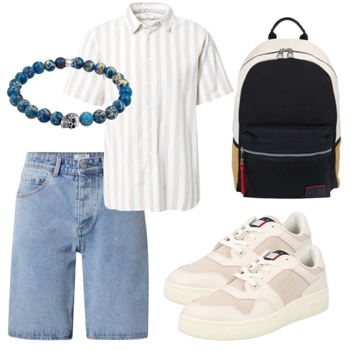 Sportlich Beige/Khaki/Creme/Weiß Schuh Sneaker Low/Sommer Sneaker/Leder Sneaker/Vintage Sneaker/Schmaler Sneaker/Teddy Sneaker/Plateau-Sneaker Tommy Jeans kombinieren mit Schwarz Rucksack Tommy HilfigerLook: Uni, Sportlich, Unisex, Moderne, Casual, Trendige, Esthetische, Streetwear