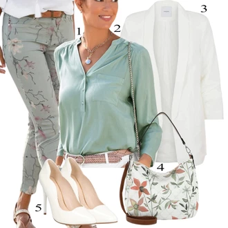 Elegantní Outfit s Tyrkysový/Zelená/Světle modrá/Světle zelená Blůza s knoflíčkem/Dlouhá Halenka/Halenka S 3/4 Rukávem/Slip-on Halenka/Kožená bunda/Halenkový Top/Tunikové Tričko/Jednobarevná Halenka/Klasická tunika Lascana "Letní Outfit"Look: Styl, Elegantní, Mom, Old Money, Bezešvé, Chytrý příležitostný, Univerzitní
