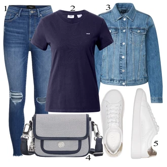 Outfit sa Plava/TamnoPlava Kožna Jakna/Push-up Traperice/Kožne jakne/Traperice s Prorezom/Traperice s Rupom/High Waist Traperice/Ženske Traperice 7/8 Dužine/Čizma do Gležnja VERO MODA "Ljetni outfiti"
