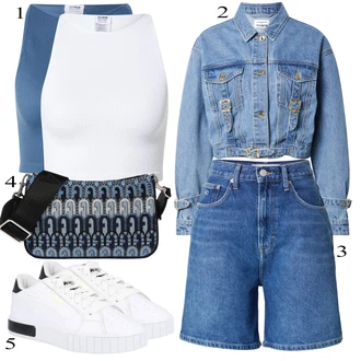 Kratka/mini Outfit sa Plava Majica/Veći Broj/Traperica Niskog Struka/Remen/Traperica Niskog Struka/Traper Jakna/Hlače Visokog Struka/Traperice Ravne Nogavice Tommy Jeans "Ljetni outfiti"