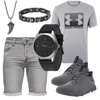 Sommer Outfits Midi mit Grau/Hellgrau/Dunkelgrau/Silber Bermuda/Jeans Short/Kurze Hose/Musselin Shorts Only & Sons "Alltagsoutfit"