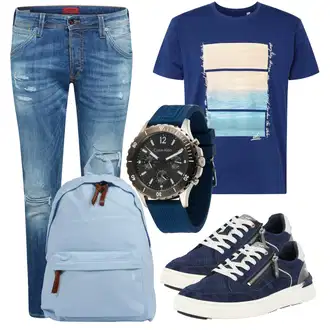 Outfit mit Blau/Hellblau Knöchelstiefel/Biker Jeans/Boyfriend Jean/Jeans mit Schlitz/Jeans mit Loch/Low Rise Jean/Low Waist Jean/Lederjacken/Lederjacke/Slim Fit Jeans Jack & Jones "Alltagsoutfit"