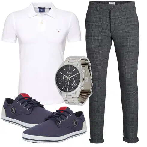 Blau Schuh Sneaker Bugatti kombinieren mit Grau/Dunkelgrau/Dunkelblau/Hellgrau Karierte Hose/Flanellhose/Tweed Hose/Business Hose Jack & Jones